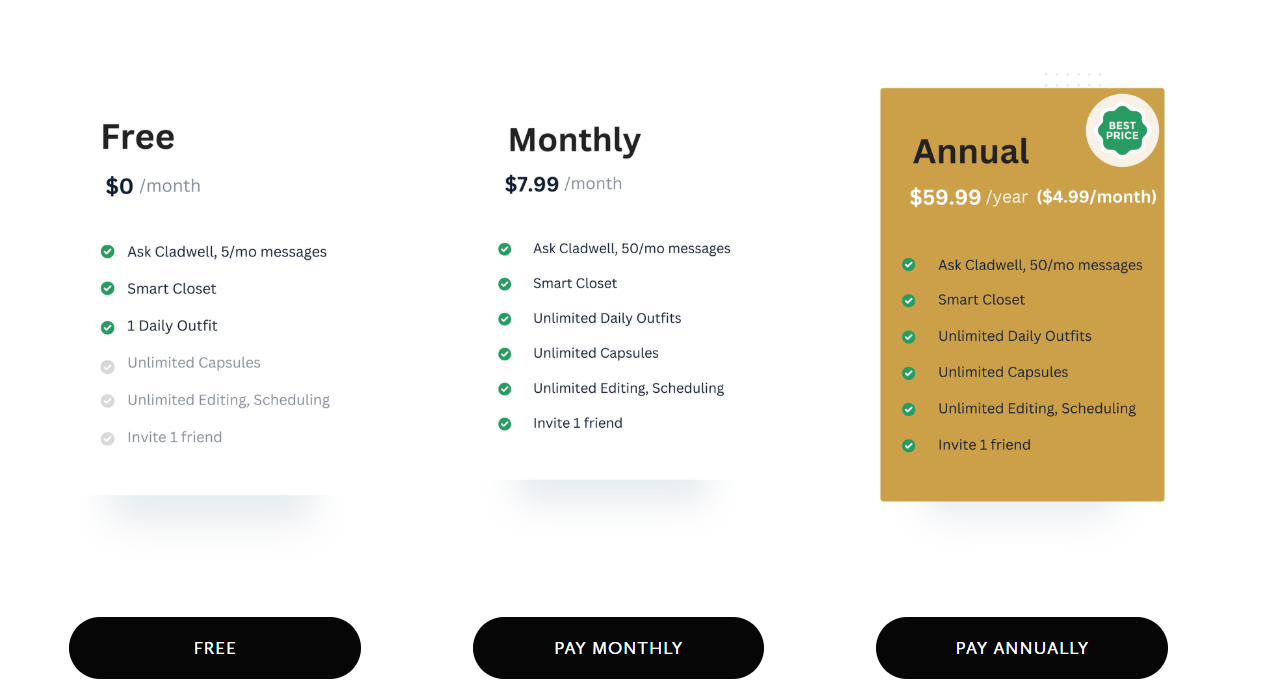 Cladwell Pricing Plans and Details 