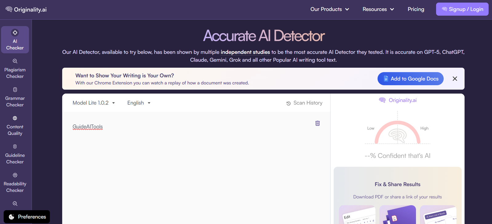 Originality AI - Originality.ai is an AI content detection and plagiarism checking tool built for professional publis