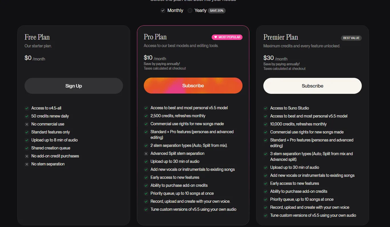 SUNO AI Pricing Plans and Details 