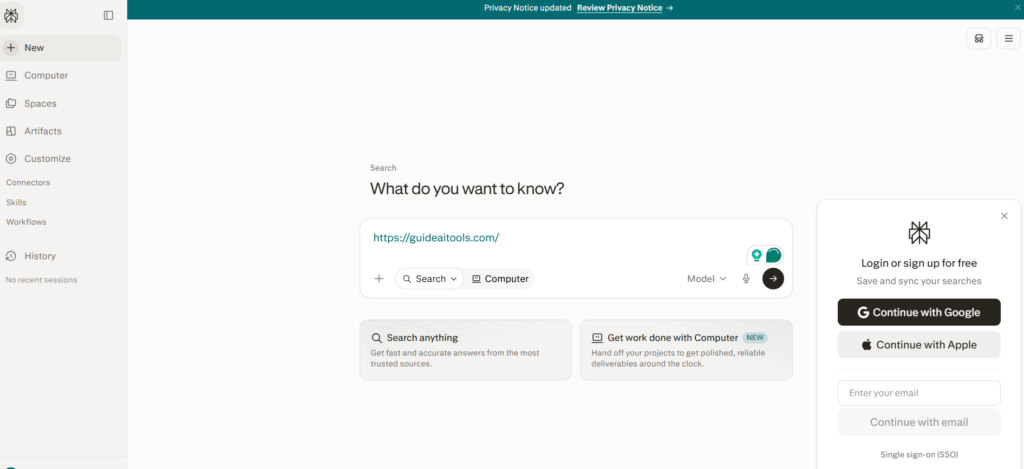Perplexity homepage showing an AI answer engine with cited sources used for travel research and fact checking