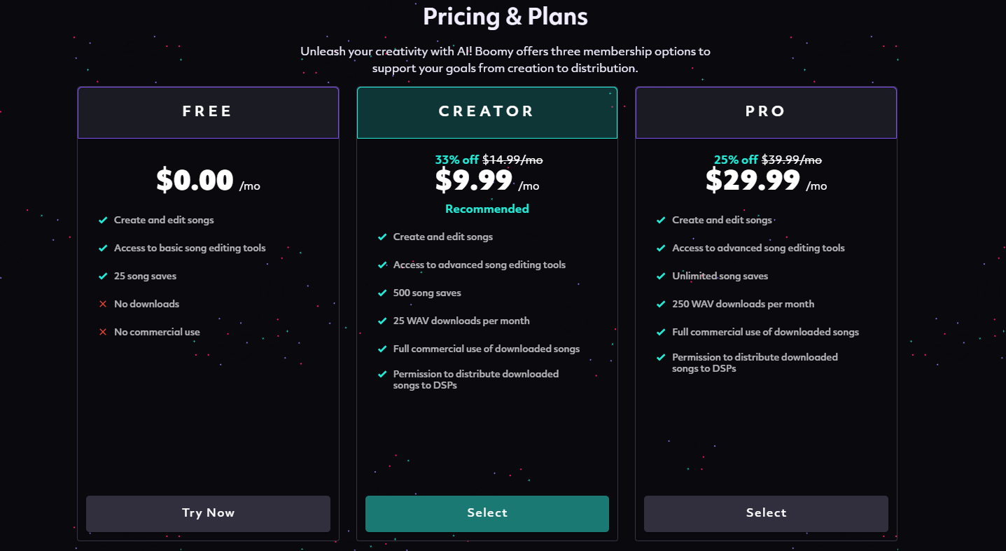 Boomy Pricing Plans and Details