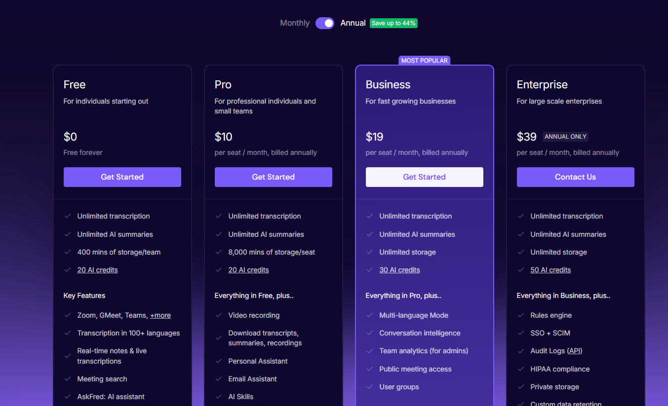 Fireflies AI Pricing Plans and Details