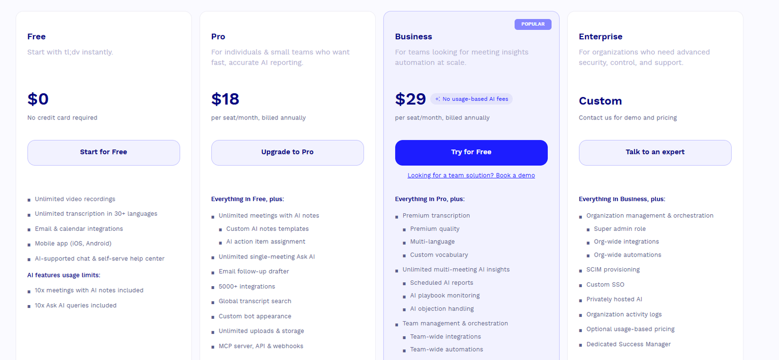 tl;dv Pricing Plans and Details