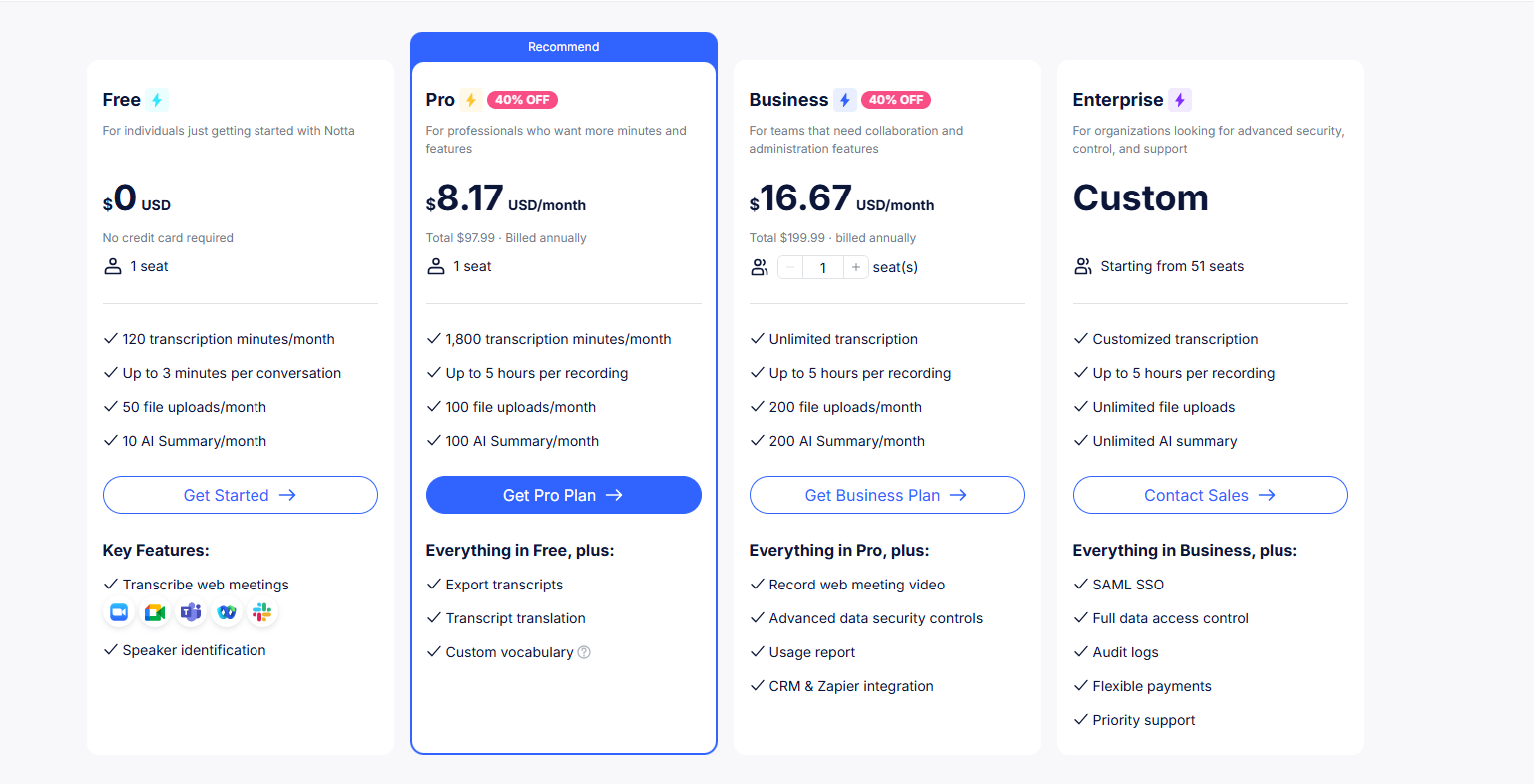 Notta AI Pricing Plans and Details