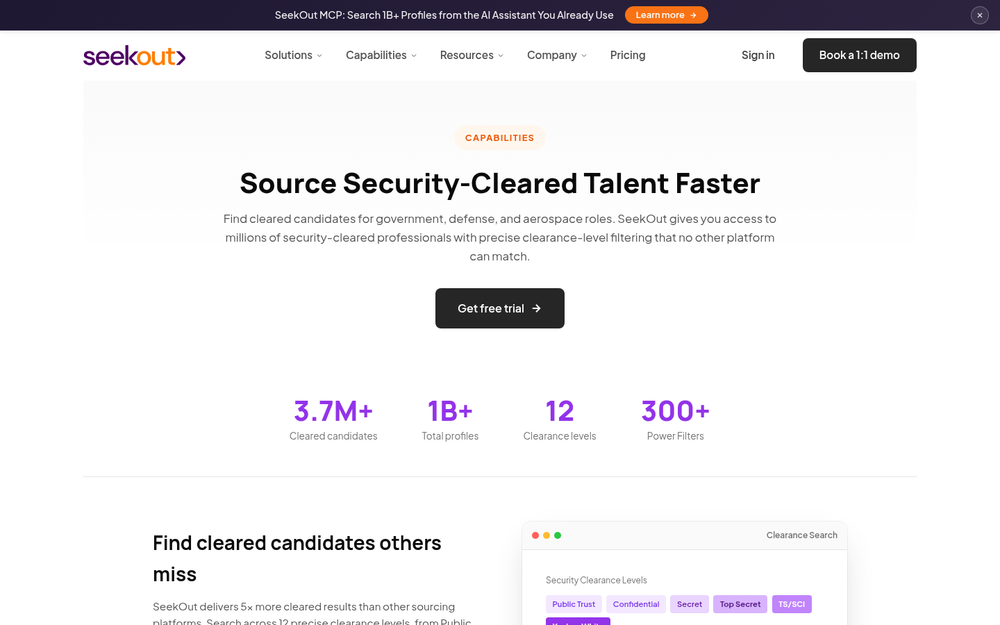 SeekOut AI sourcing dashboard showing GitHub developer profiles and diversity filters