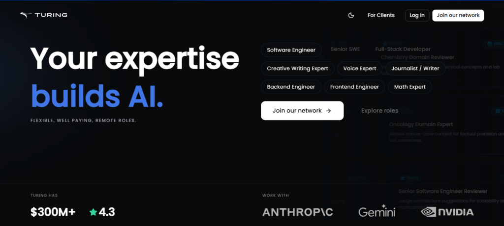 Turing AI talent cloud dashboard for hiring pre vetted remote software engineers