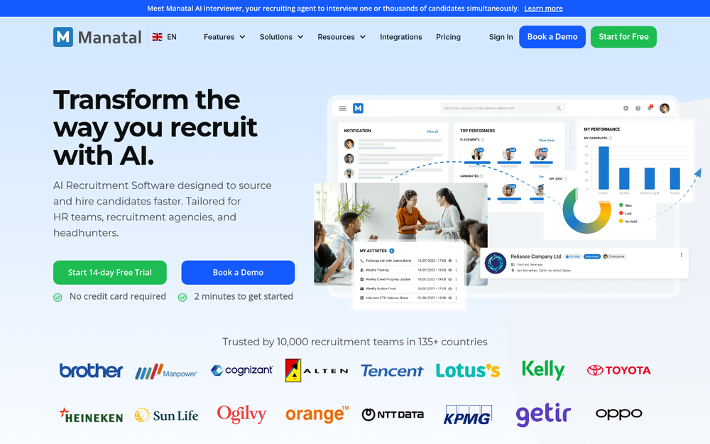 Manatal cloud AI applicant tracking system showing candidate scoring and job distribution