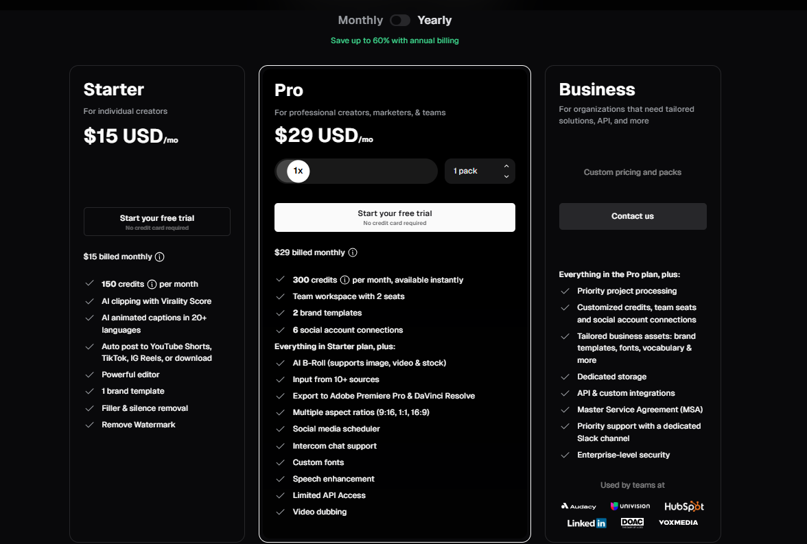 Opus Clip Pricing Plans and Details