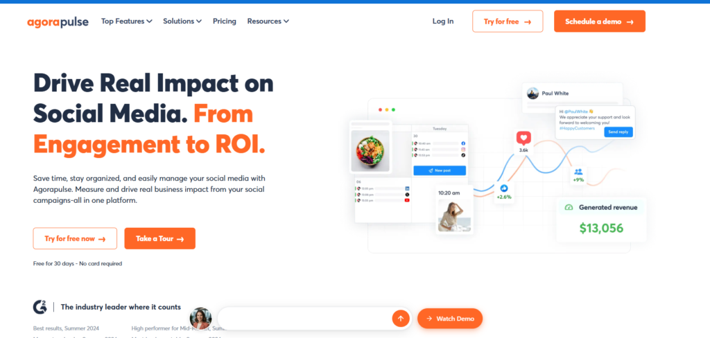 Agorapulse social media management platform with inbox management, scheduling and analytics tools