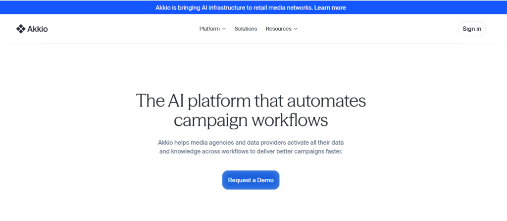 Akkio logo, AI analytics tool for media and advertising agencies