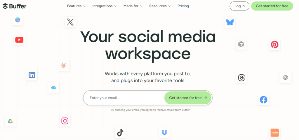 Buffer AI social media management platform dashboard for scheduling posts, analytics and content planning