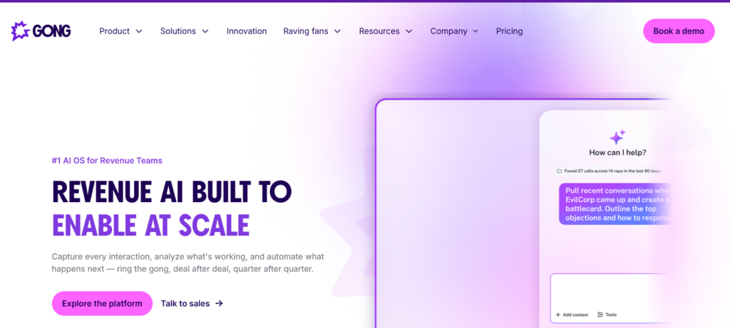Gong revenue intelligence platform displaying call analytics and deal risk indicators