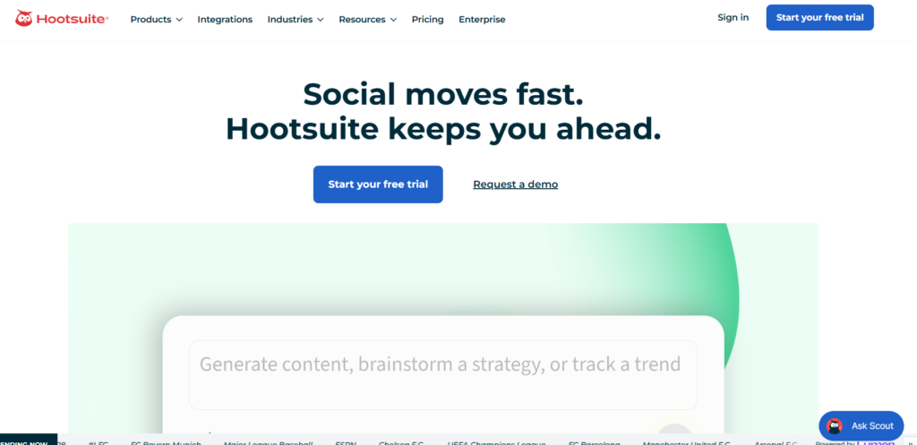 Hootsuite social media management dashboard showing post scheduling, analytics and team collaboration features