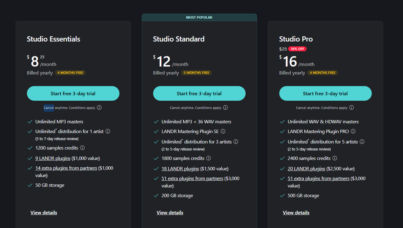 LANDR Pricing Plans and Details