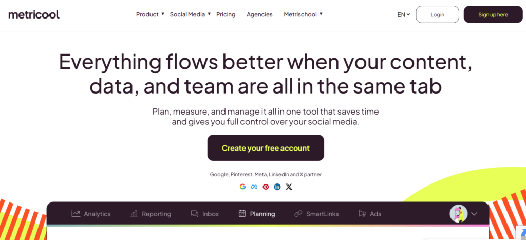 Metricool social media analytics dashboard for tracking content performance and audience growth