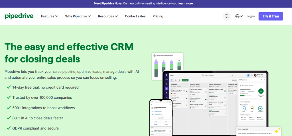 Pipedrive homepage screenshot showing the visual sales pipeline board
