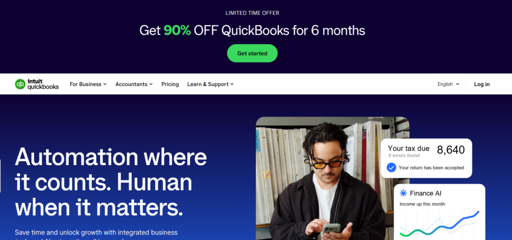 QuickBooks Online dashboard showing automated transaction matching and Intuit Intelligence features