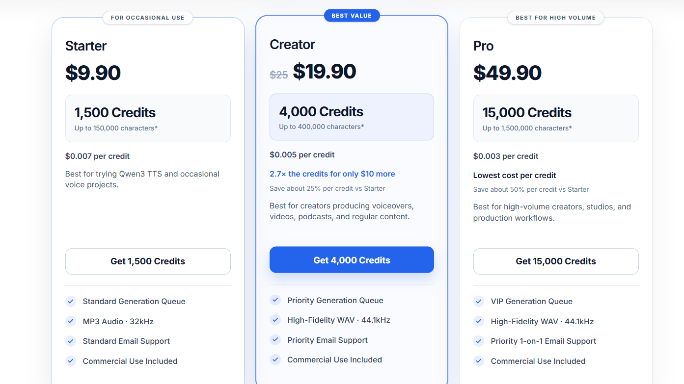 Qwen3 TTS Pricing Plans and Details