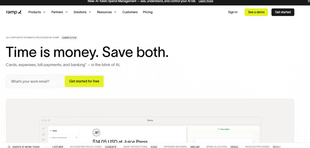 Ramp expense management dashboard displaying automated receipt matching and card controls