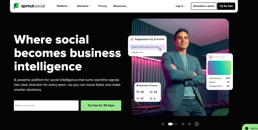 Sprout Social platform interface for social media analytics, customer engagement and brand management
