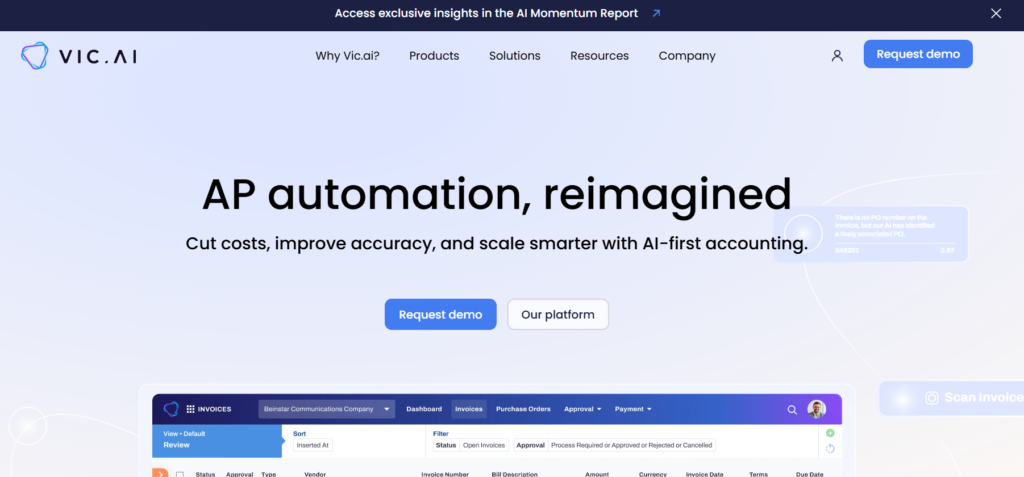 Vic.ai enterprise accounts payable dashboard displaying autonomous invoice processing