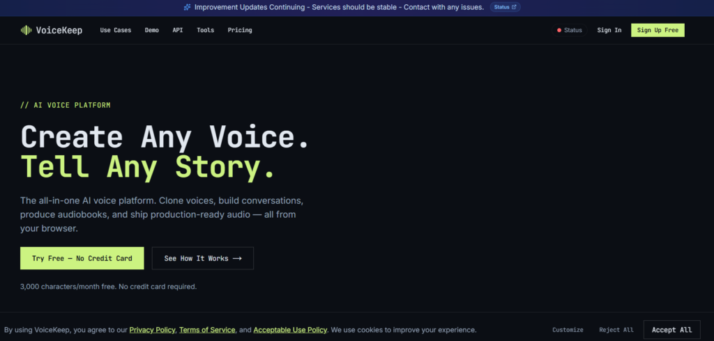 VoiceKeep AI voice cloning tool for audiobooks, narration and multiple characters

