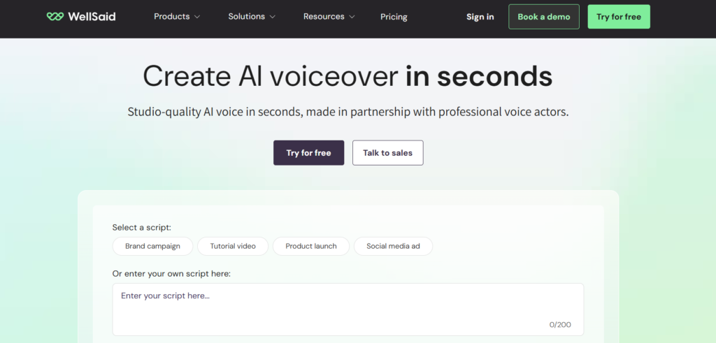 WellSaid Labs custom voice cloning platform for professional business narration
