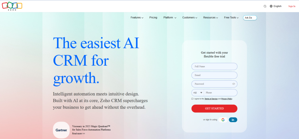 Zoho CRM homepage screenshot featuring Zia AI assistant
