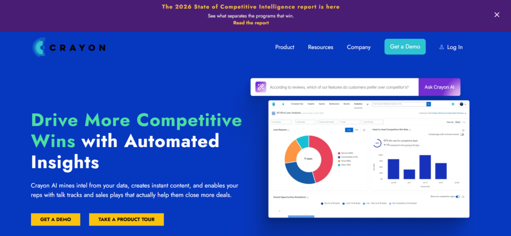 Crayon competitive intelligence dashboard with competitor tracking alerts and battlecards