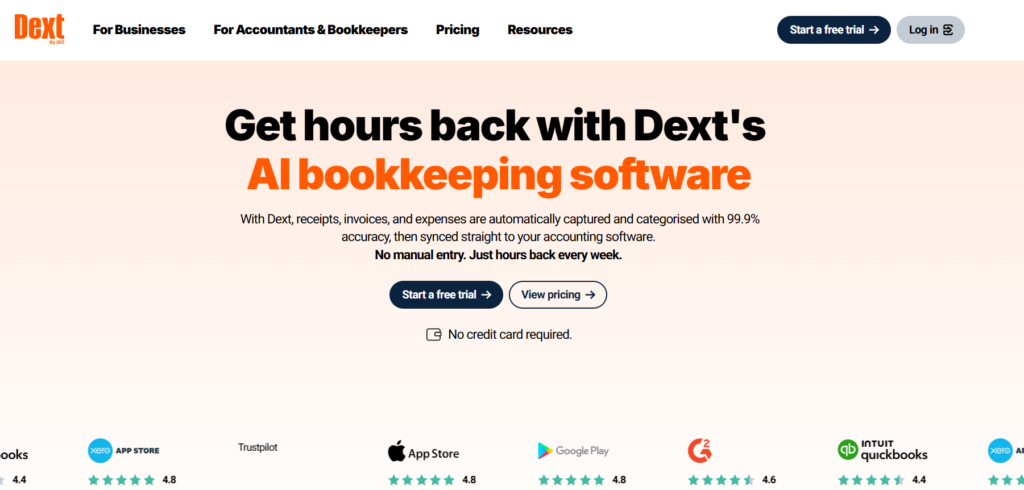 Dext Prepare app interface showing OCR receipt scanning and line-item extraction