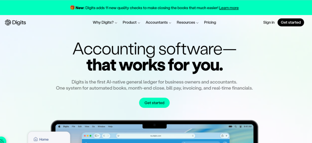 Digits AI-native living ledger dashboard featuring real-time financial analytics
