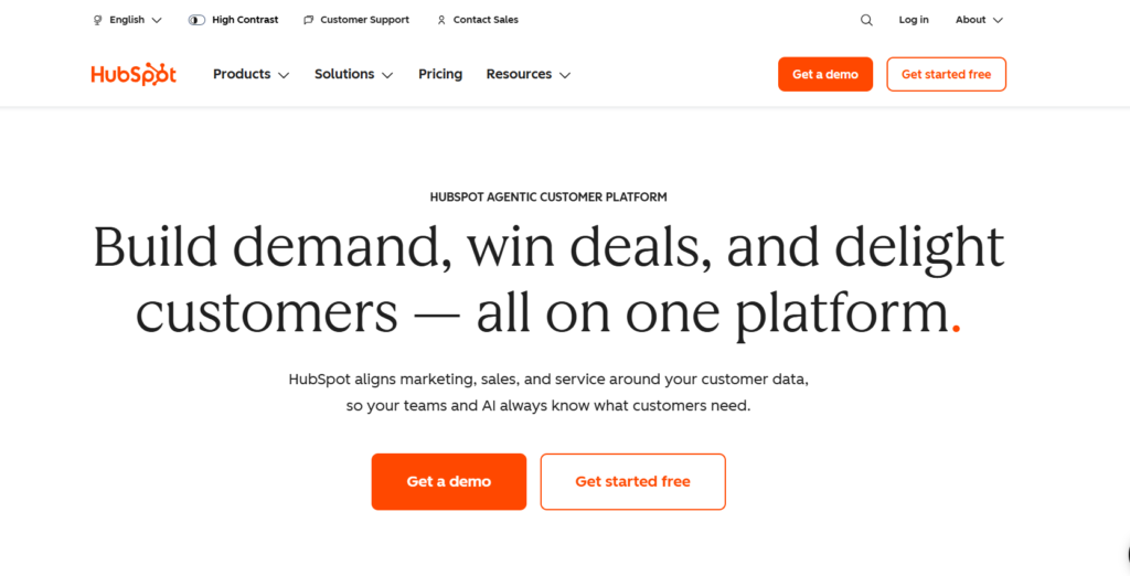 HubSpot homepage screenshot showing the CRM dashboard with Breeze AI features
