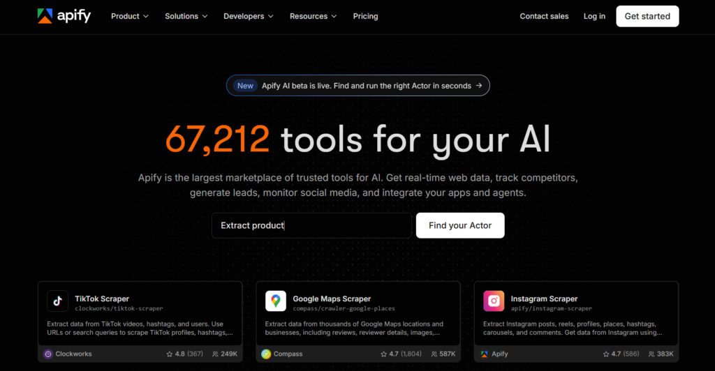 Apify serverless cloud platform displaying pre-built scraper actors for data extraction.