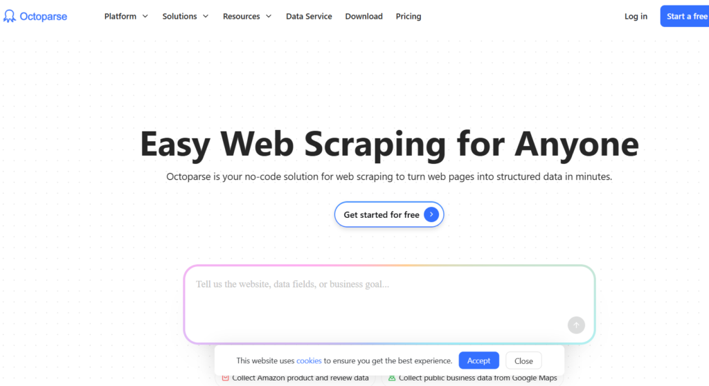 Octoparse visual web scraping interface handling infinite scrolling and AJAX data extraction.