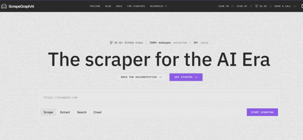 ScrapeGraphAI dashboard generating clean JSON data from a natural language web scraping prompt.