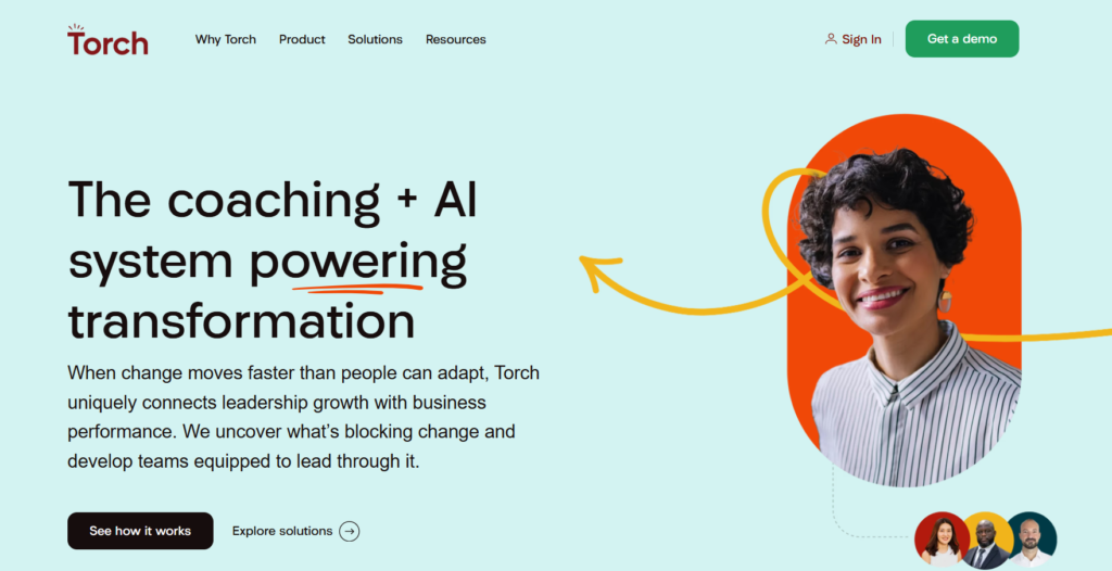 Torch leadership development software displaying peer mentoring and AI roleplay features
