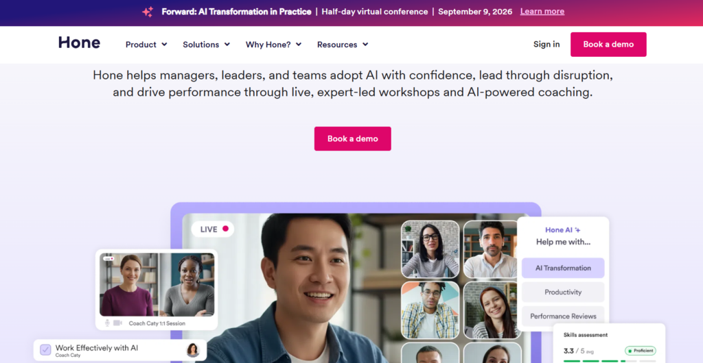 Hone corporate learning portal blending live instructor classes with digital AI coaching