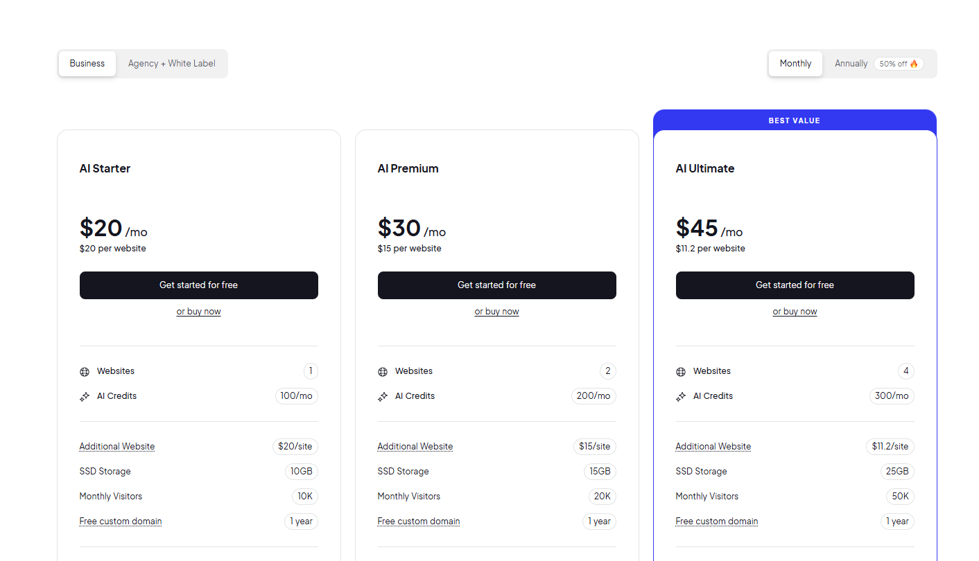 10Web Pricing Plans and Details