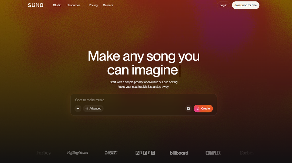 Suno AI music generator for creating full songs with vocals and lyrics