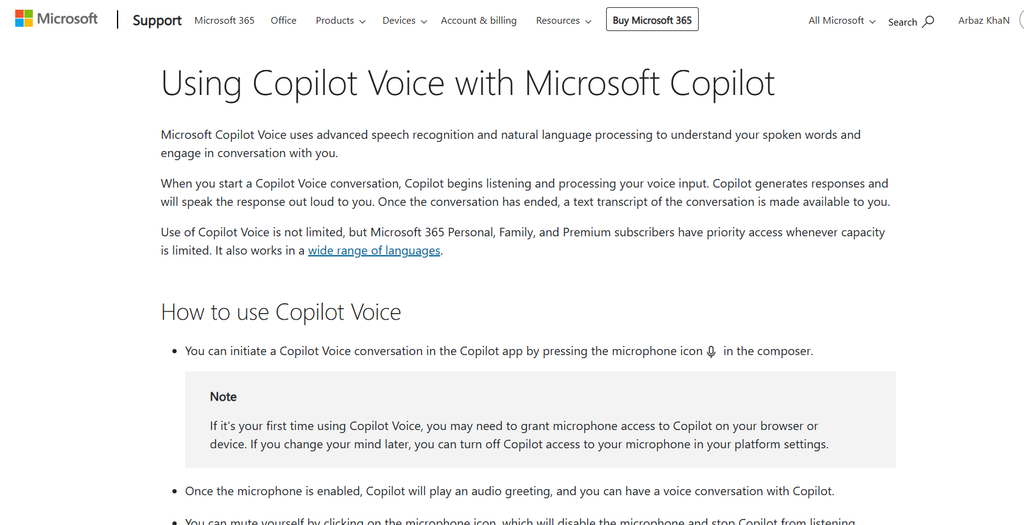 Microsoft Copilot Voice AI assistant for Microsoft 365 productivity
