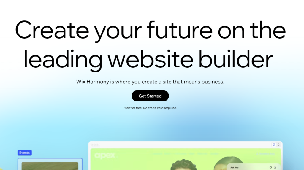 Wix AI website builder interface showing the drag-and-drop design canvas and templates.