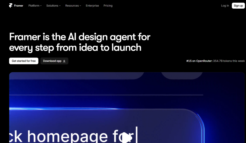 Framer AI web design dashboard displaying visual layout controls and Figma import features.