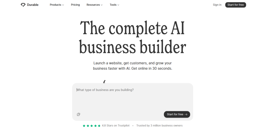 Durable AI website generator creating a local business homepage from a text prompt.
