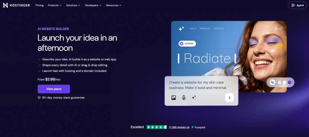 Hostinger AI website builder dashboard highlighting the mobile preview and layout blocks.