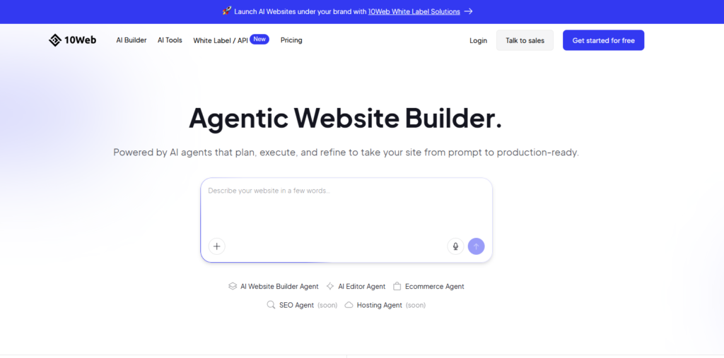 10Web AI builder generating a custom WordPress theme inside the Elementor editor.
