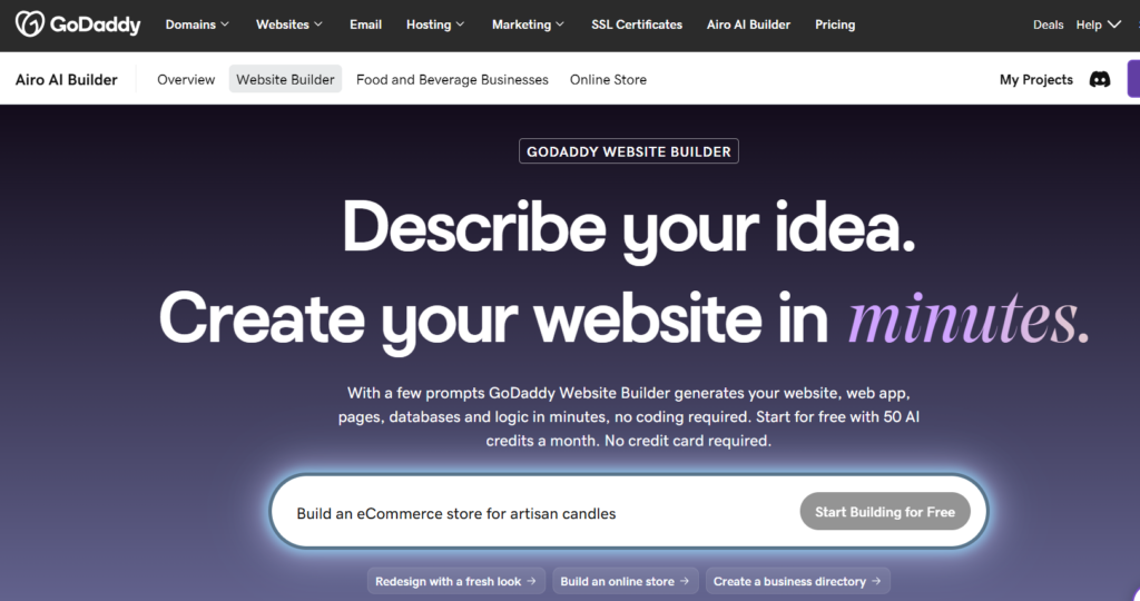 GoDaddy Airo AI website builder interface displaying layout blocks and marketing tools.