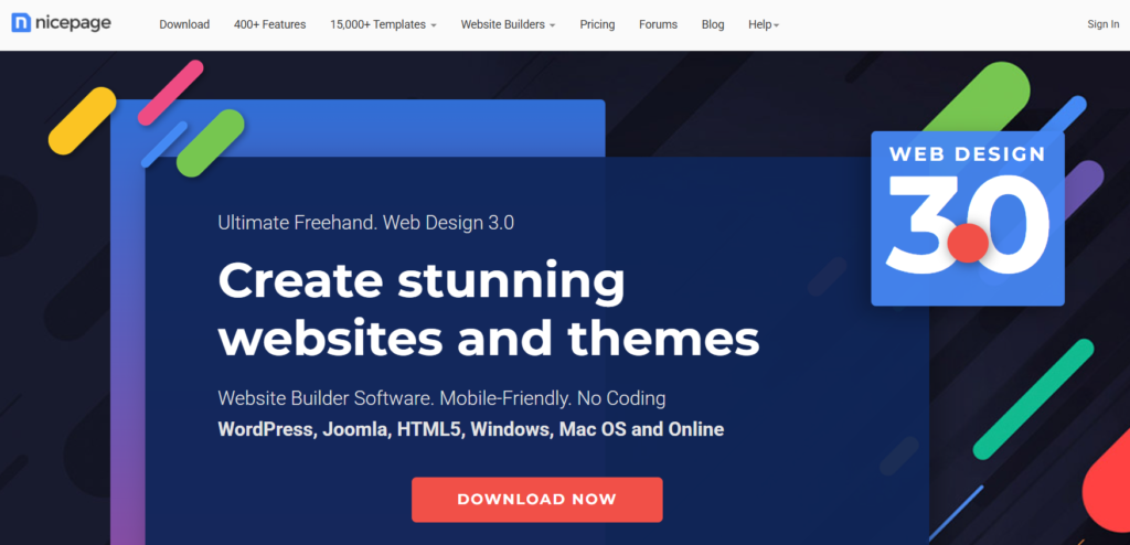 Nicepage desktop application showing freehand visual editing and WordPress theme export.