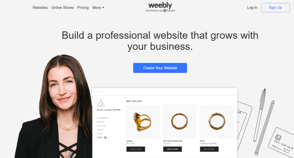 Weebly drag-and-drop website editor showing Square payment integration and product blocks.