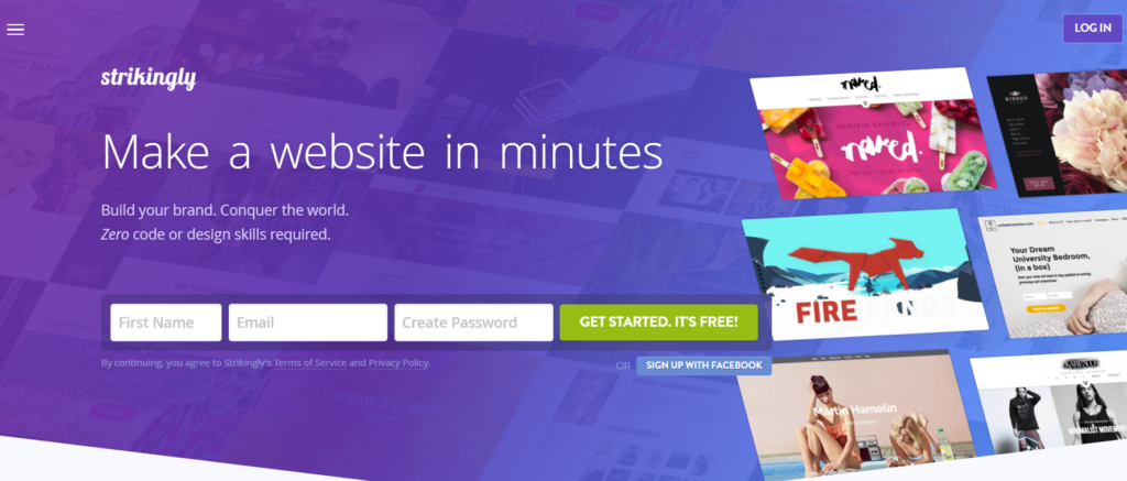 Strikingly single-page website builder displaying vertical section stacking and design options.