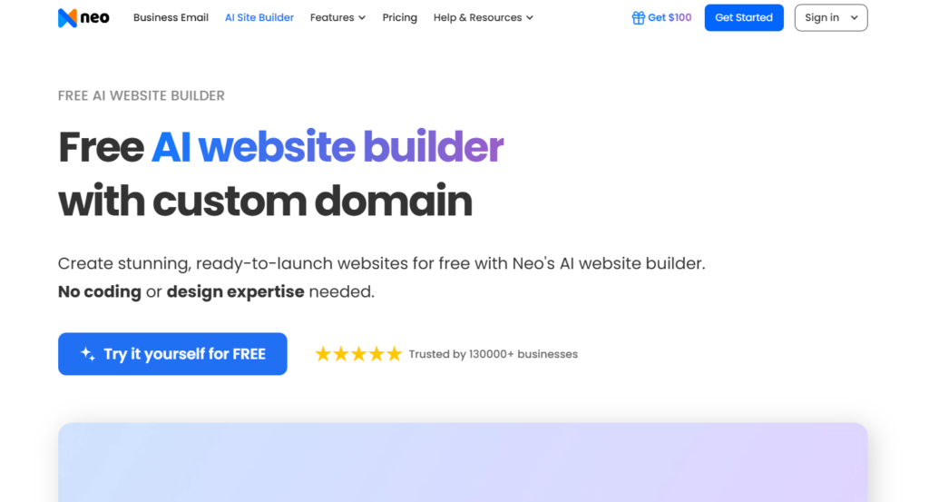 Neo Sites AI builder generating a business website with integrated email and domain setup.